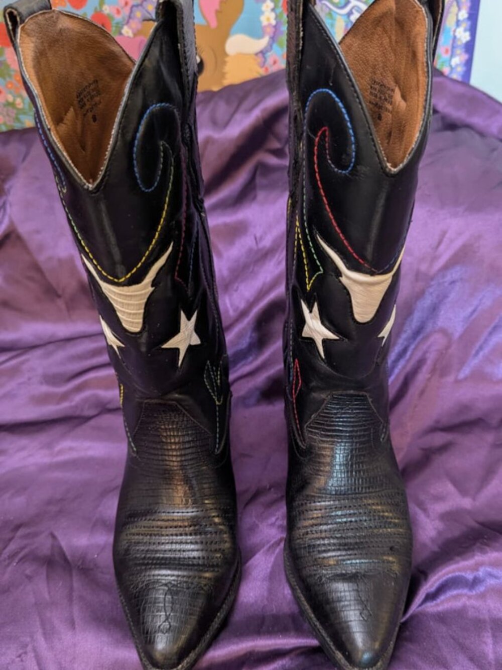 Vintage Nine West Black Star Cowboy Cowgirl Boots with Rainbow Stitching - 6.5